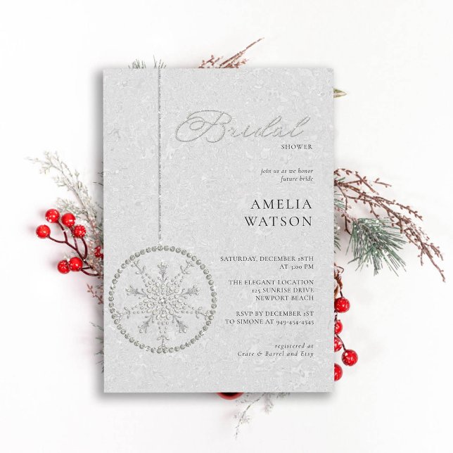 Glitzer Bling Snowflake Weißes Winter Brautparty Einladung (winter bridal shower invitation christmas bauble snowflake bling rhinestones glitter white classy)