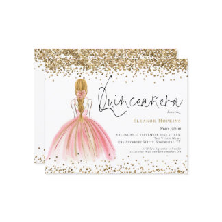 Glitzer Blonde Pink Gown Quinceanera Einladung