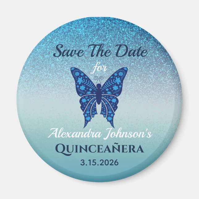 Glitzer Blue Butterfly Quinceanera Save the Date Magnet (Vorne)