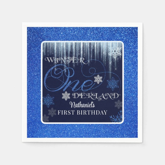 Glitzer Blue Erster Geburtstag Winter ONEderland Serviette (Vorderseite)