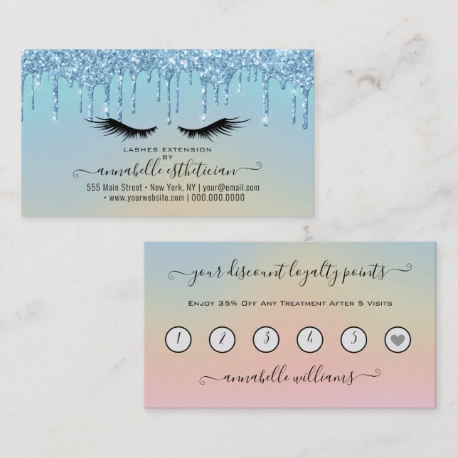 Glitzer Blue Eyelash Extension Loyalty Visitenkarte (Vorne/Hinten)