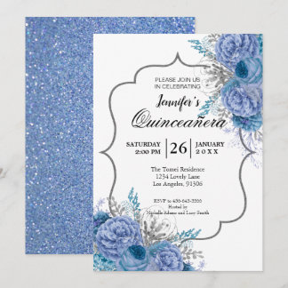 Glitzer Blue Floral Quinceanera Einladung