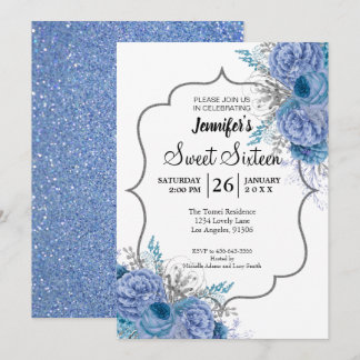 Glitzer Blue Floral Sweet 16 Geburtstag Einladung