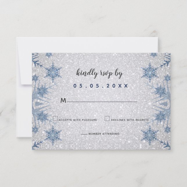 Glitzer Blue Snowflakes Winterhochzeit RSVP Karte (Vorderseite)
