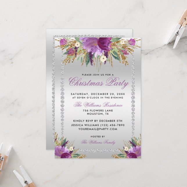 Glitzer Blume, Diamond Gerahmtes Weihnachtsfest Pa Einladung (Vorderseite/Rückseite Beispiel)