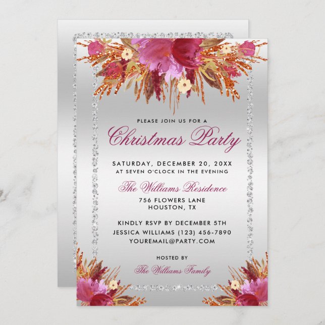 Glitzer-Blume, Gerahmtes Weihnachtsfest im  Party Einladung (Vorne/Hinten)