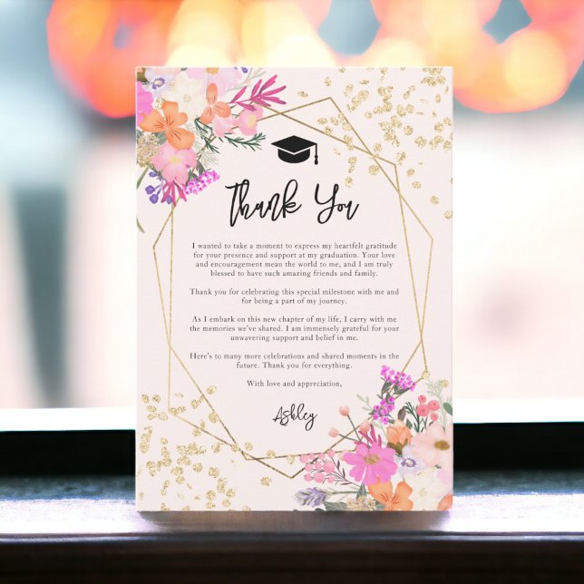 Glitzer Blumenwasser-Farbe Foto Abschluss Dankeskarte (Gold glitter floral watercolor photo graduation thank you card)