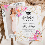 Glitzer Blumenwasser-Farbe Foto Abschluss Einladung<br><div class="desc">Klasse 2023!! Eine schicke Feder,  Sommerrosa,  lila und orangefarbene Aquarellfarben und Glitzer Konfetti Typografie Graduierungsparty laden mit handgemalten Blume,  grünen Aquarellblättern mit goldgeometrischen Terrarium Rahmen auf weißem Hintergrund,  fügen Sie Ihr Foto auf der Rückseite</div>