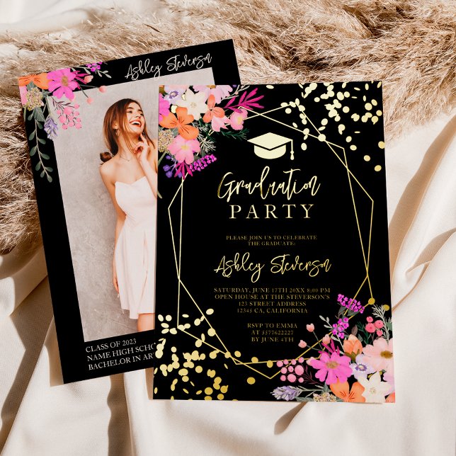 Glitzer Blumenwasser-Farbe Foto Abschluss Folieneinladung (Von Creator hochgeladen)