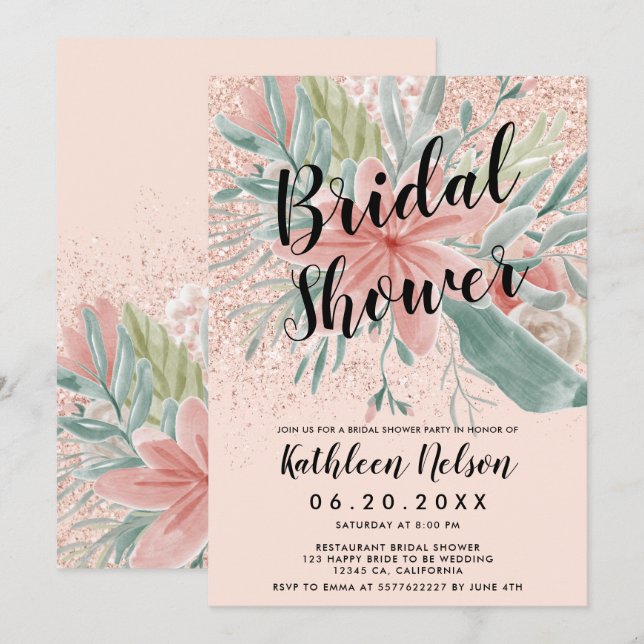 Glitzer Blumenwatercolor erröten rosa Brautparty Einladung (Vorne/Hinten)