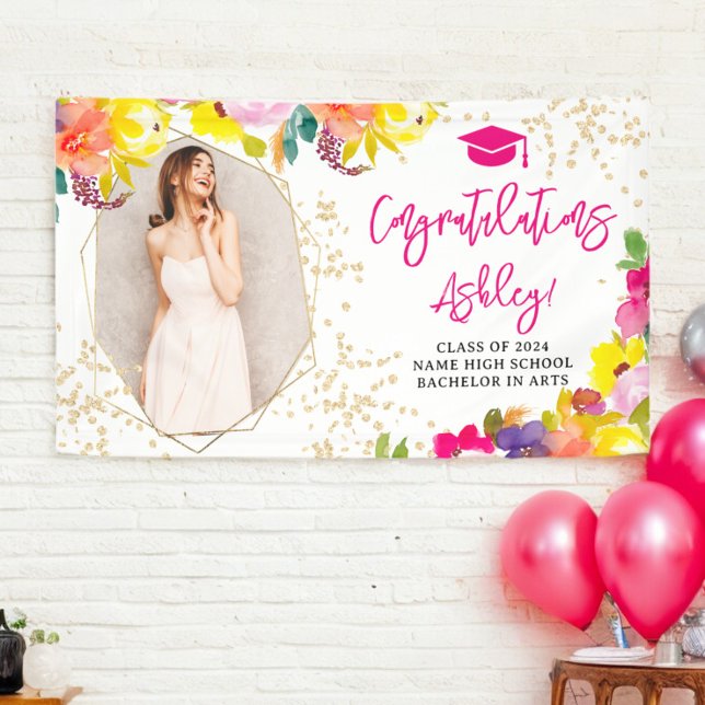Glitzer boho fett blumengeschmückte Abschluss Glüc Banner (Gold glitter boho bold floral graduation congrats banner)