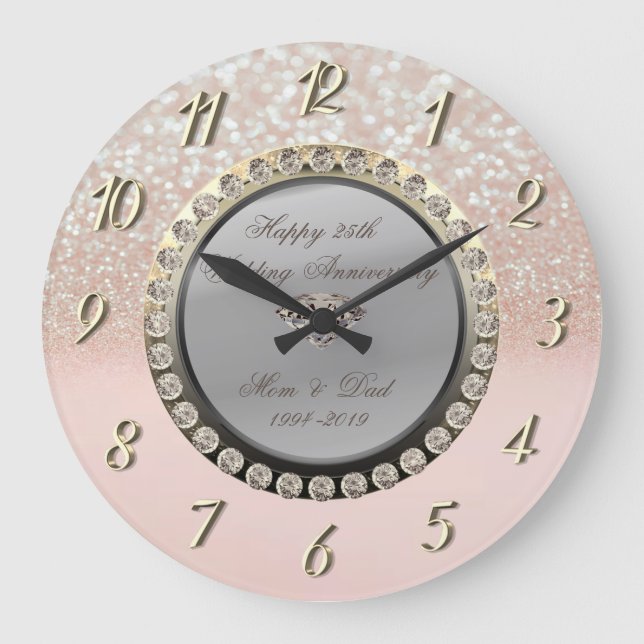 Glitzer Bokeh Diamonds 25. Hochzeitstag Große Wanduhr (Vorderseite)