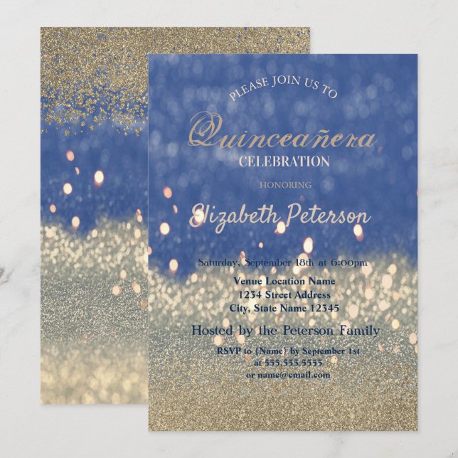 Glitzer Bokeh Gold Diamonds Quinceañera Einladung (Vorne/Hinten)