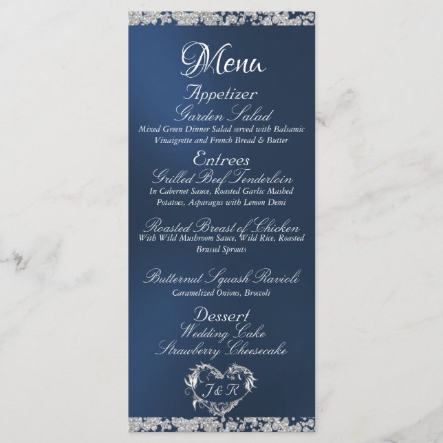 Glitzer Border on Blue Wedding Menu Menükarte (Vorderseite)