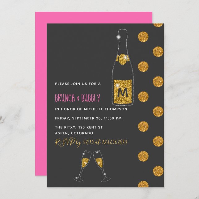 Glitzer Brunch und Bubbly Bridal Dusche Einladung (Vorne/Hinten)