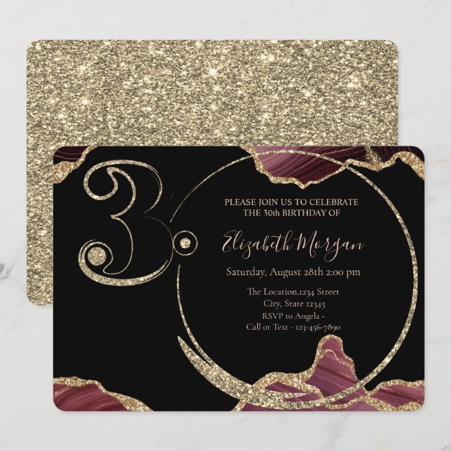Glitzer Burgundy Marble 30. Geburtstag Einladung (Vorne/Hinten)