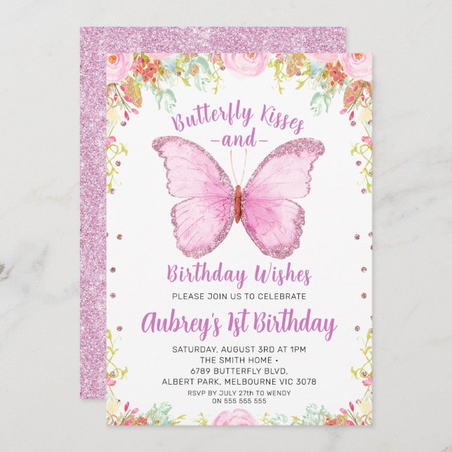 Glitzer Butterfly Kisses Birthday wünscht Geburtst Einladung (Vorne/Hinten)