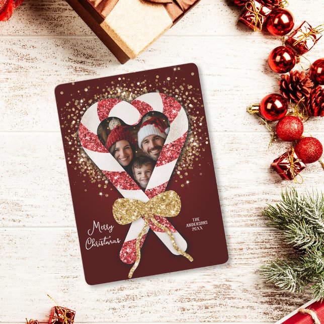 Glitzer Candy Cane Foto Weihnachten Einladung (glitter candy cane Christmas family photo frame)