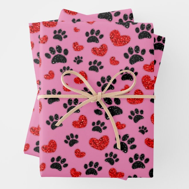 Glitzer Cartoon Dog Paw Prints and Red Hearts Geschenkpapier Set (Beispiel)