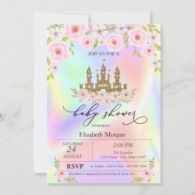 Glitzer Castle Rose Holographic Baby Shower Einladung (Vorderseite)