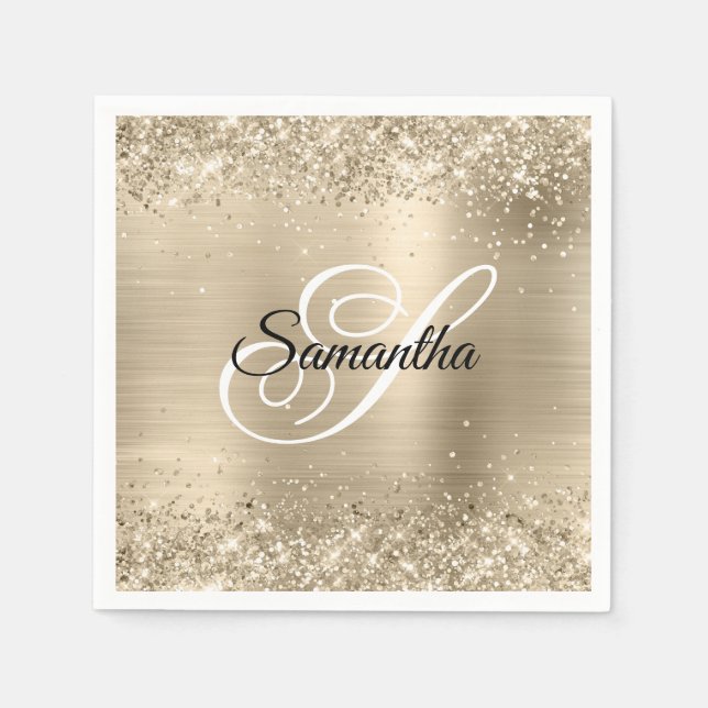 Glitzer Champagne Foil Extravagant Monogram Serviette (Vorderseite)