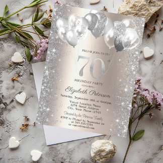 Glitzer Confetti Balloons Champagne 70. Geburtstag Einladung