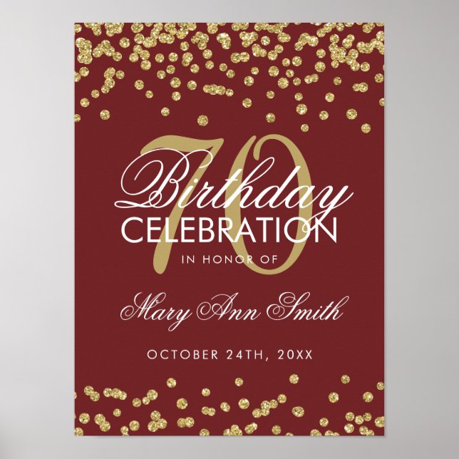 Glitzer Confetti Burgundy Gold 70. Geburtstag Poster (Vorne)
