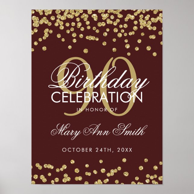 Glitzer Confetti Burgundy Gold 90. Geburtstag Poster (Vorne)