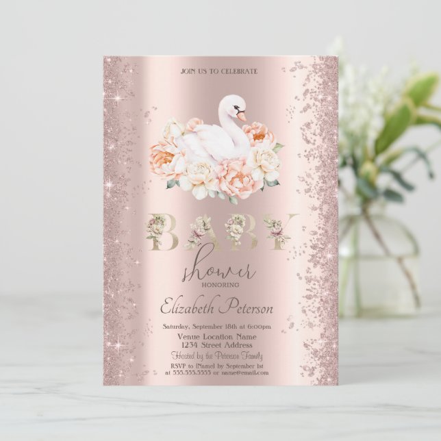 Glitzer Confetti Floral Swan Baby Showdusche Einladung (Stehend Vorderseite)