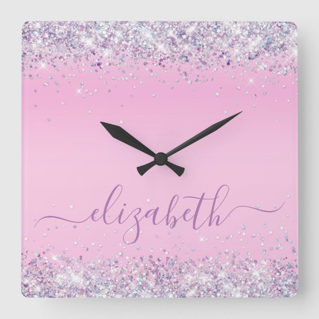 Glitzer Confetti Personalisiert Pink Square Wall C Quadratische Wanduhr (Vorderseite)