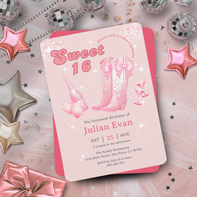 Glitzer Cowgirl Pink Bow Boots Sweet 16 Einladung (Glitter Cowgirl Pink Bow Boots Sweet 16 Invitation)