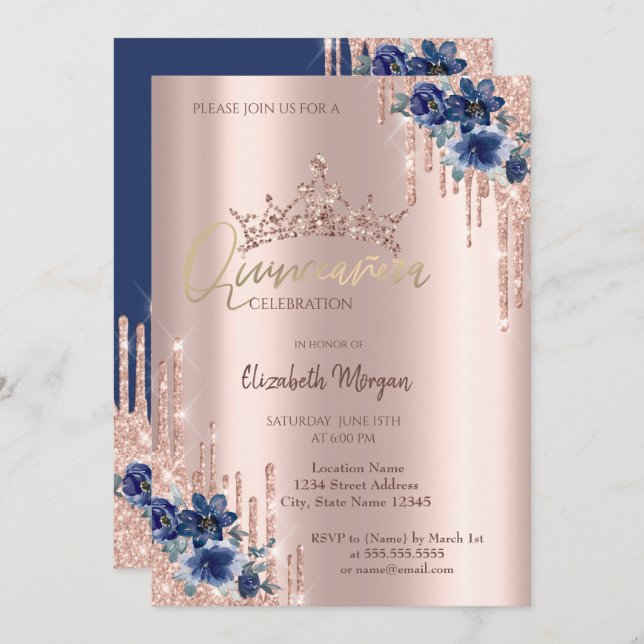 Glitzer Crown Drop Blue Blumen Quinceañera Einladung (Vorne/Hinten)