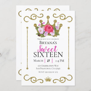 Glitzer Crown Floral Foto Sweet 16 Party Einladung