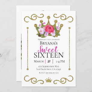 Glitzer Crown Floral Foto Sweet 16 Party Einladung