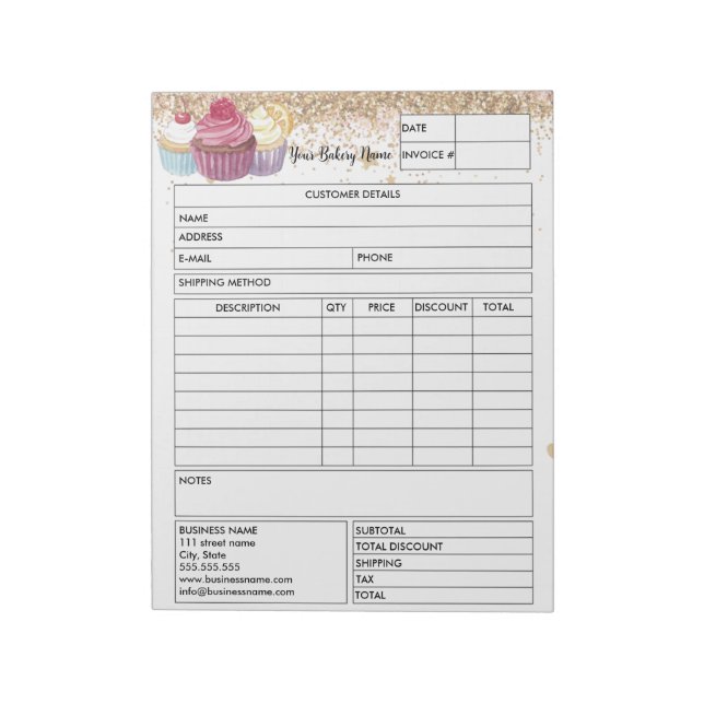 Glitzer Cupcake Bakery Sales Formular Rechnung Notizblock (Rotiert)