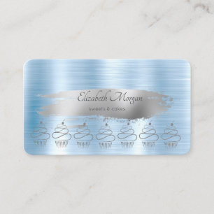 Glitzer Cupcakes Silver Brush Stroke Blue Metallic Visitenkarte