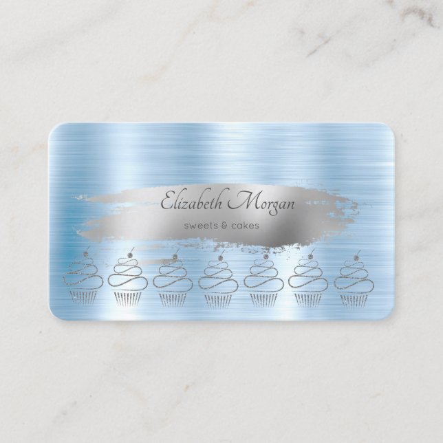 Glitzer Cupcakes Silver Brush Stroke Blue Metallic Visitenkarte (Vorderseite)