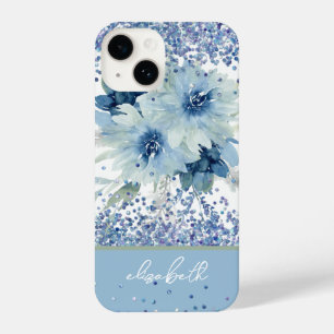 Glitzer Custom Blue Floral Personalisiert Name iPhone 14 Hülle