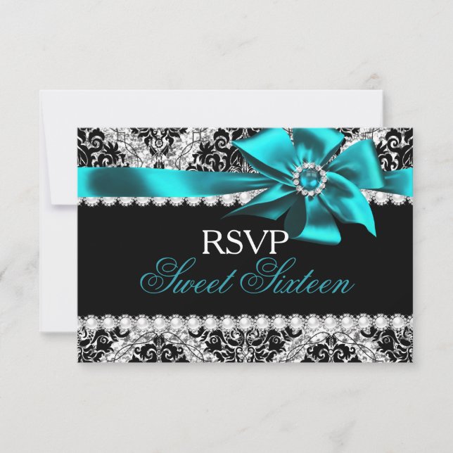 Glitzer Damask & Aquamarin Jewel Bow Sweet 16 UAWG RSVP Karte (Vorderseite)
