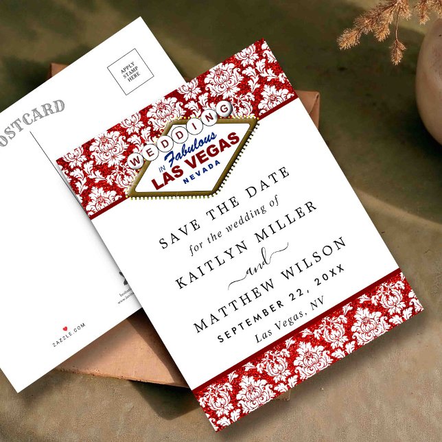 Glitzer Damask Las Vegas Wedding speichern das Dat Ankündigungspostkarte (Von Creator hochgeladen)