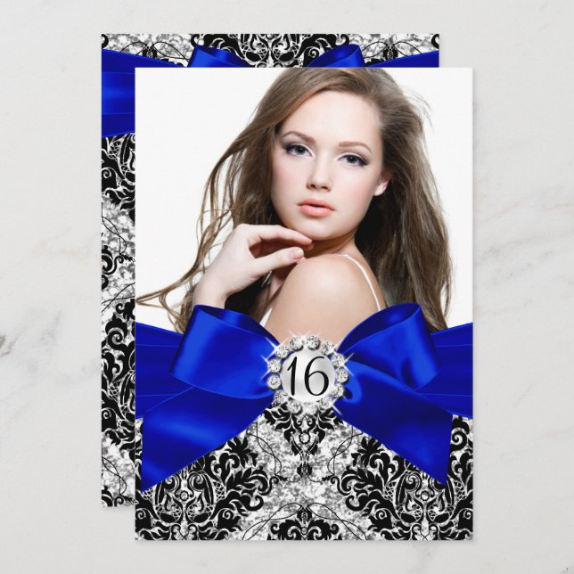 Glitzer Damask & Royal Blue Bow Sweet 16 Foto Einladung (Vorne/Hinten)