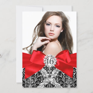 Glitzer Damast & roter Schleife Sweet 16 Foto-Einl Einladung