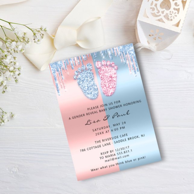 Glitzer-DripsPink Blue Baby Boy Girl Einladung (Gender Reveal Glitter DripsPink Blue Baby Boy Girl Invitation)