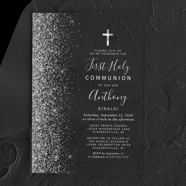 Glitzer Edge Silver Text First Heilige Kommune Acryleinladungen (Von Creator hochgeladen)