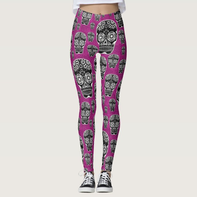 Glitzer-Effekt von rosa Zuckerschädeln Leggings (Vorderseite)
