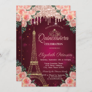 Glitzer Eiffel Tower Tropfen Floral Quinceañera Einladung