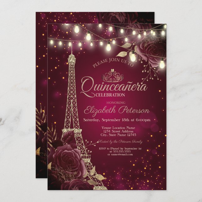 Glitzer Eiffelturm, Burgund Rose Quinceañera Einladung (Vorne/Hinten)