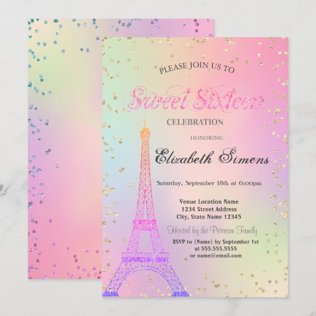Glitzer Eiffelturm Diamonds Holographic Sweet 16 Einladung (Vorne/Hinten)
