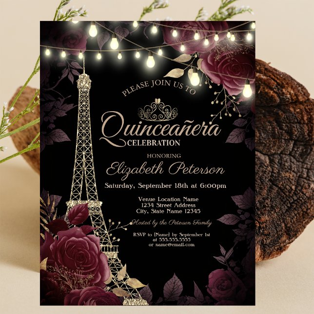 Glitzer Eiffelturm, Dunkle Rose Quinceañera Einladung (Von Creator hochgeladen)
