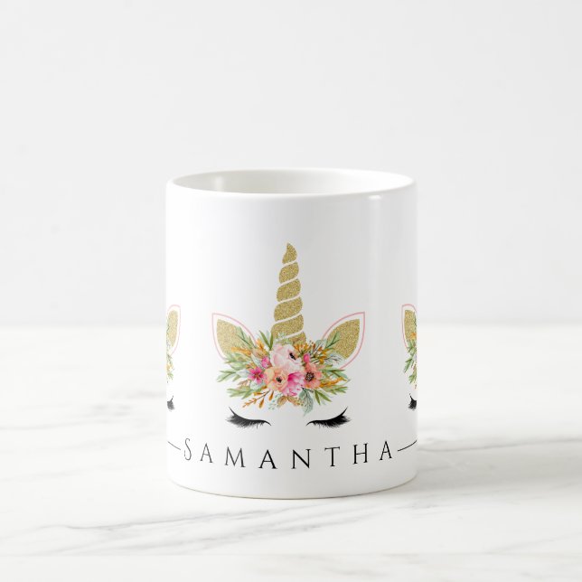 Glitzer Einhorn mit Blumenstrauß Kaffeetasse (Mittel)